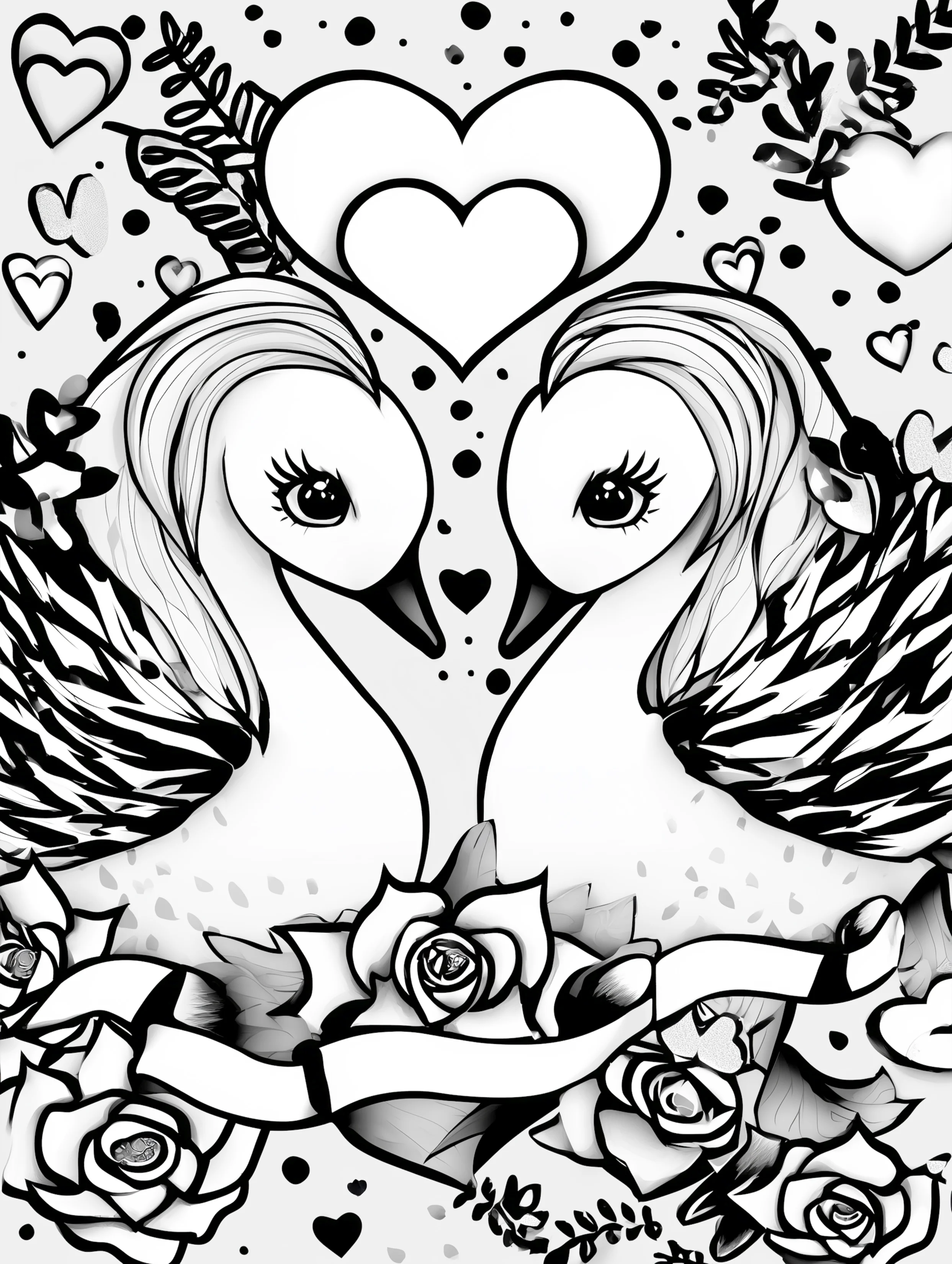 Free printable valentines coloring pages for adults featuring two swans with hearts